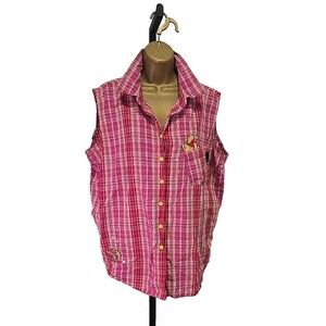 Disney Winnie the Pooh Button Blouse Womens 2X Plus Red Plaid Sleeveless Tigger